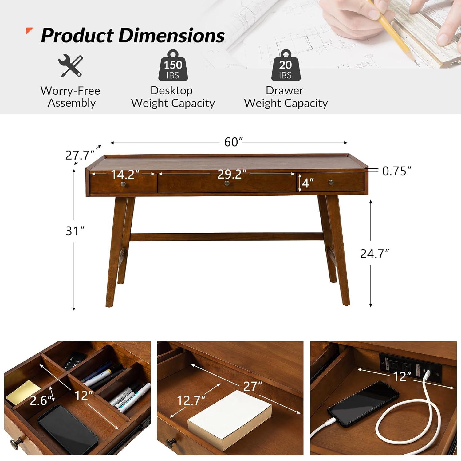 Walnut Mid-Century Modern Desk with Acorn Rubber Wood Legs and Power Outlet