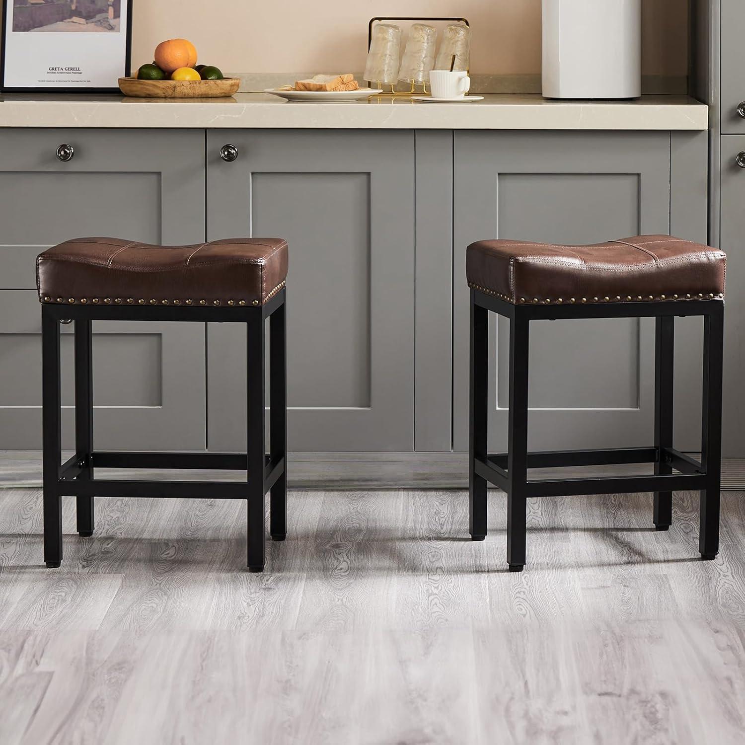 Bar Stools Set of 2, 24 inch Counter Height Bar Stools, Upholstered Modern Kitchen Barstools with Metal Base, PU Leather Saddle Stools for Kitchen Island, Black