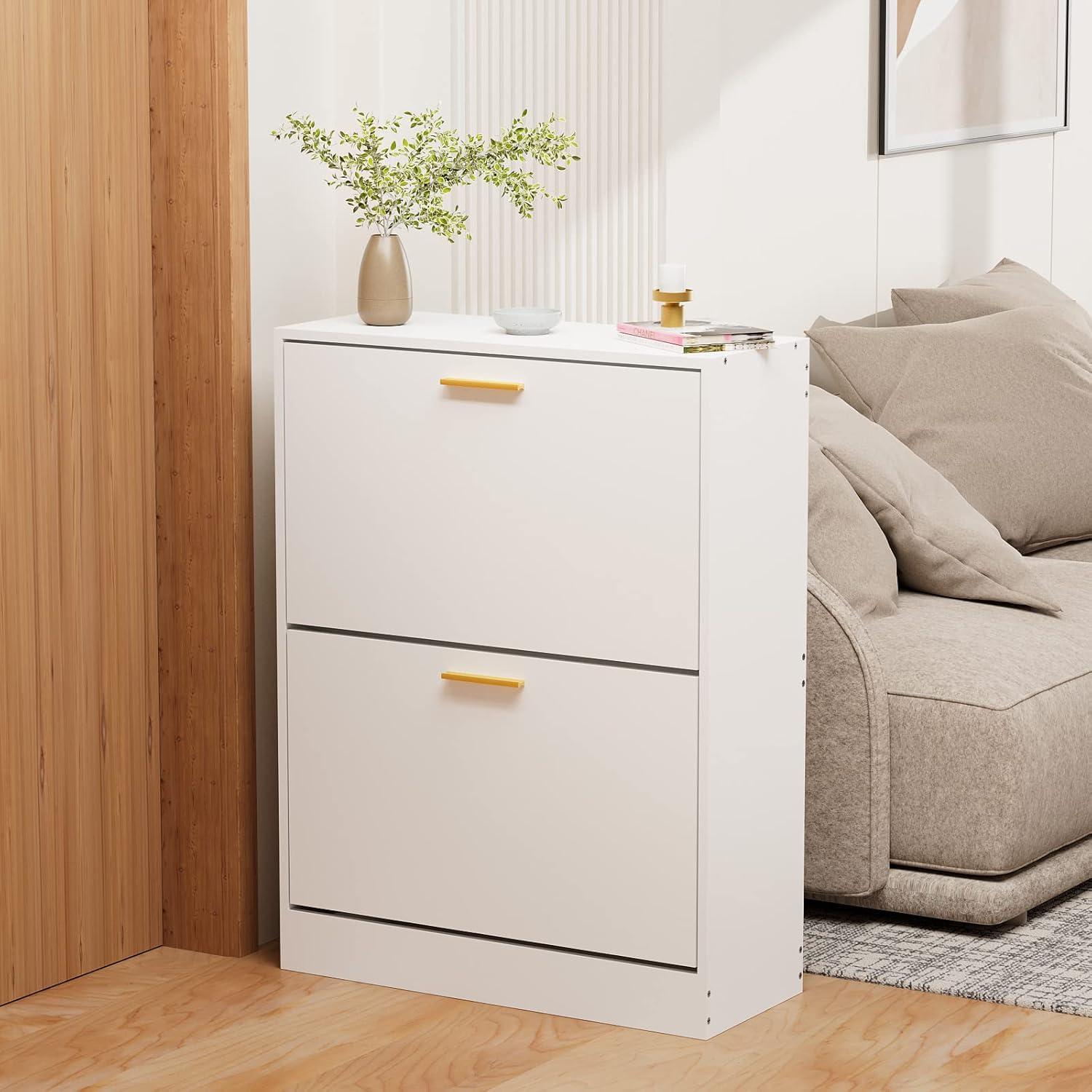 Shoe Cabinet Storage for Entryway  Freestanding Slim Shoe Organizer Cabinet with 2 Flip Drawers  Narrow Shoe Rack with Open Shelves for Hallway  Living Room  White