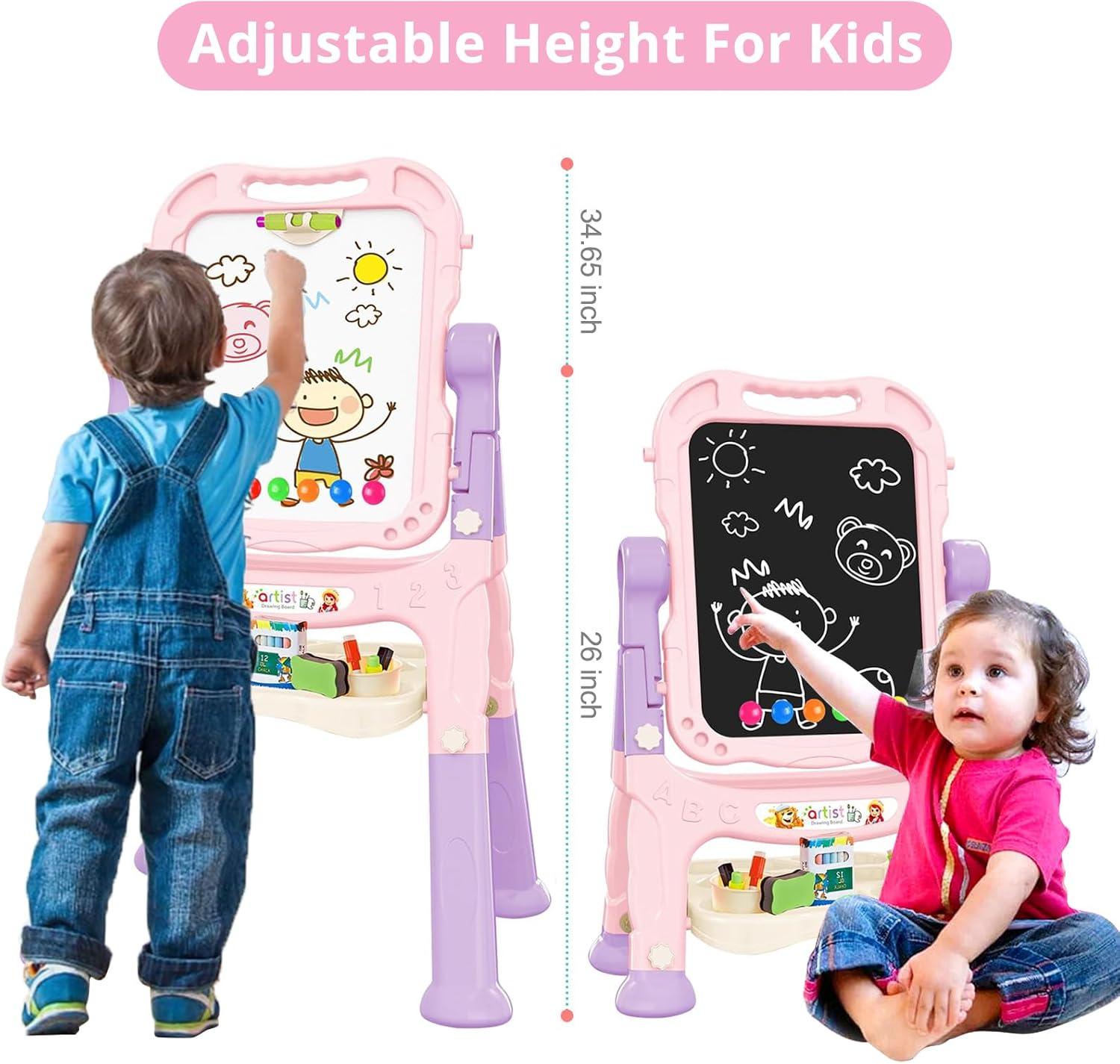Easel for Kids, Adjustable Standing Art Easel for Toddler, Double Magnetic Drawing Board with Painting Accessories, Birthday Christmas Gift for Little Boys and Girls,  Pink