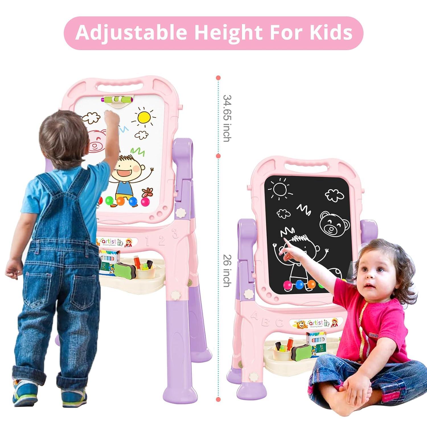 Easel for Kids, Adjustable Standing Art Easel for Toddler, Double Magnetic Drawing Board with Painting Accessories, Birthday Christmas Gift for Little Boys and Girls,  Pink