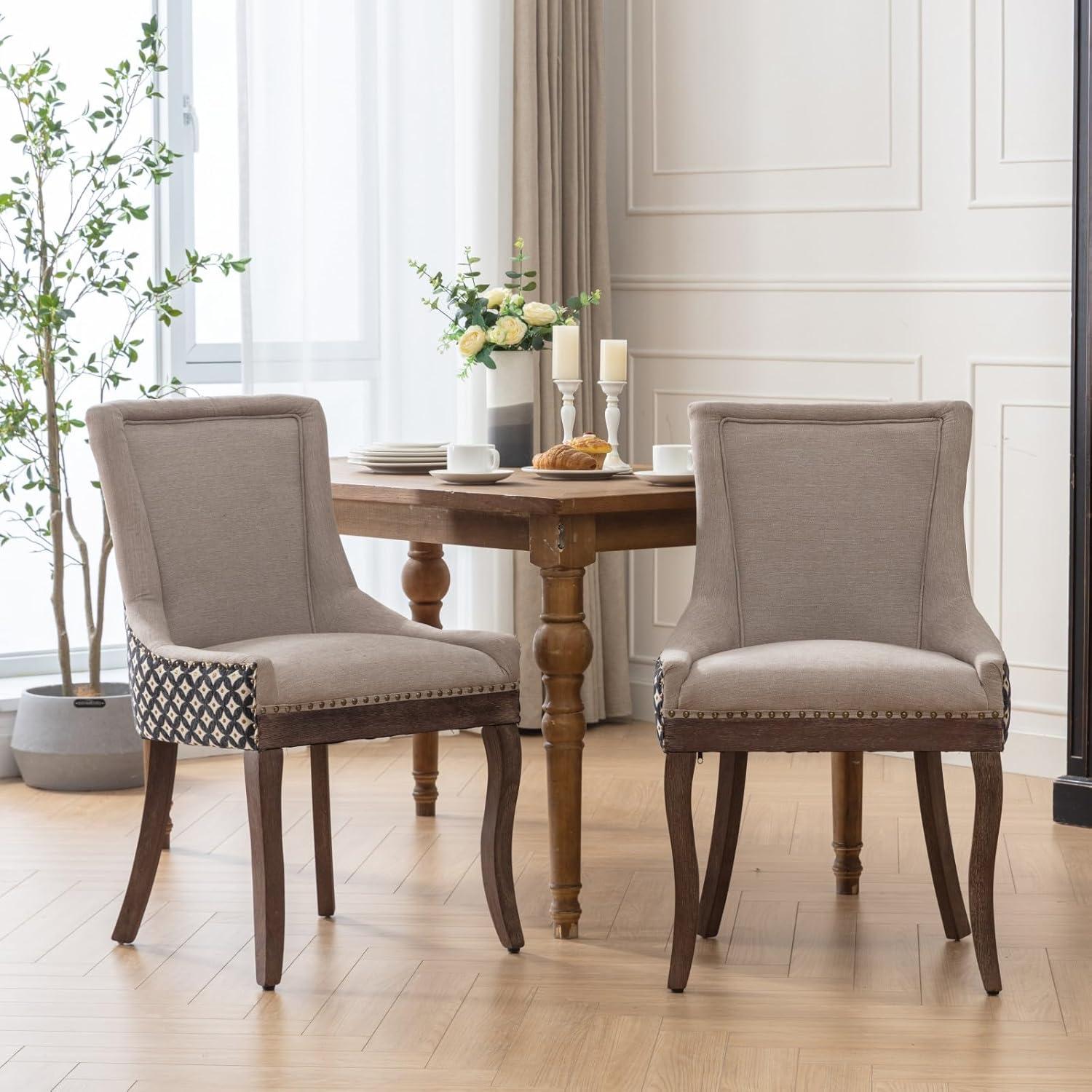 Beige and Black Upholstered Dining Chairs with Wood Legs