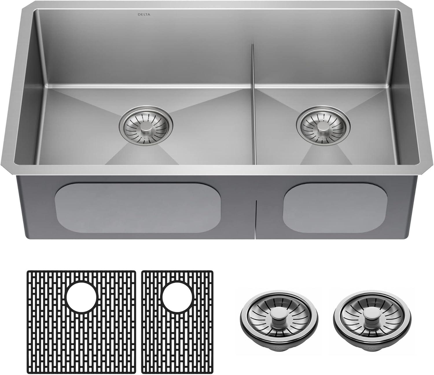 Delta Lenta 32" Satin Stainless Steel Double Bowl Undermount Kitchen Sink