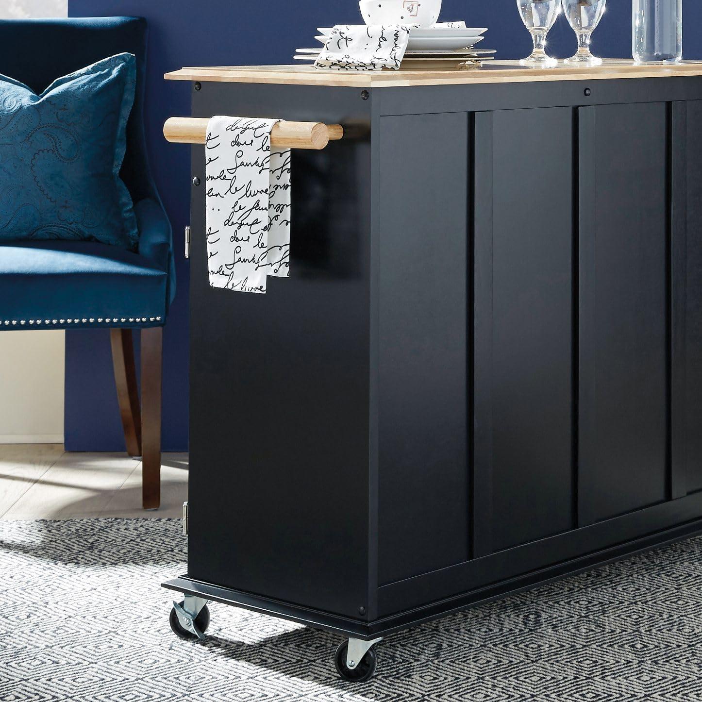 Dolly Madison Kitchen Island Cart Wood/Black/Natural - Home Styles: Mid-Century Modern, Lockable Casters, Storage, 2 Shelves, 4 Doors