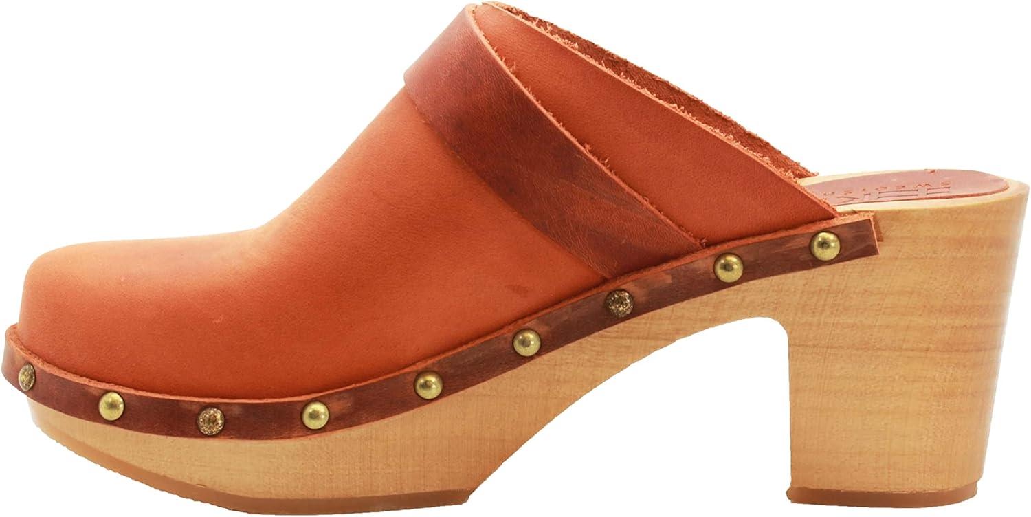 Terracotta Genuine Leather Mid-Heel Clogs with Wood Outsole