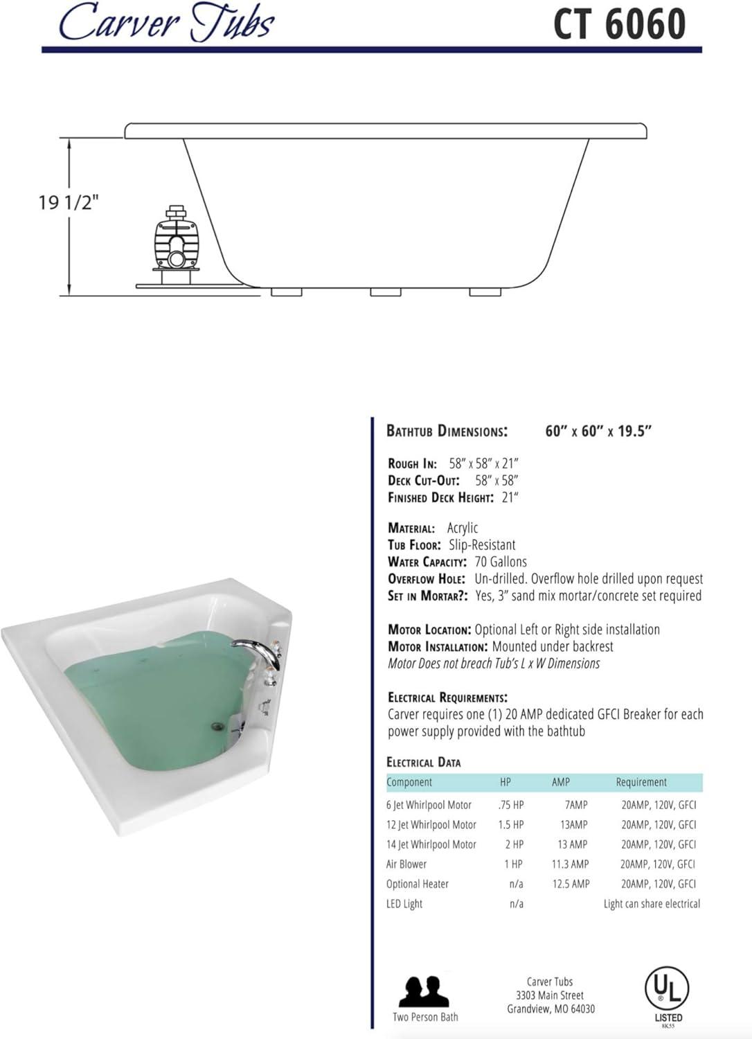 60'' White Triangular Acrylic Drop-In Soaking Bathtub