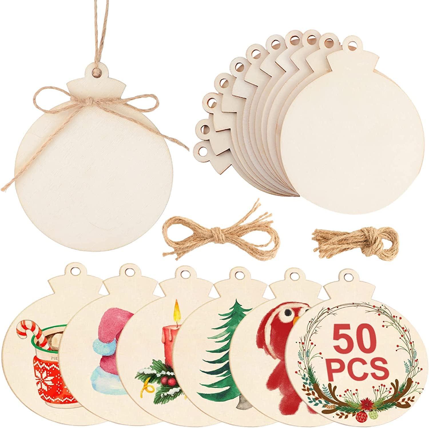 50-Piece Natural Wood Round Christmas Ornaments with Jute Twine