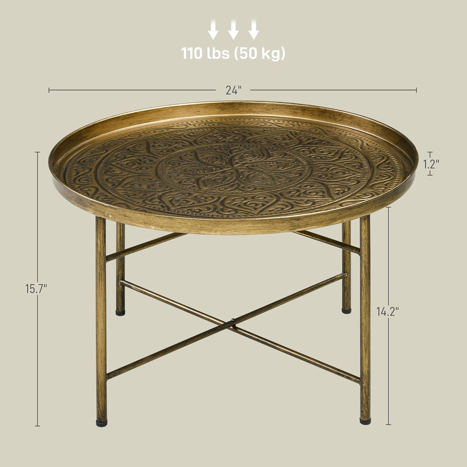 HOMCOM 24" Round Coffee Table with Hammered Tray Top, Vintage Metal Center Table for Living Room, Bedroom, Side Table, Gold