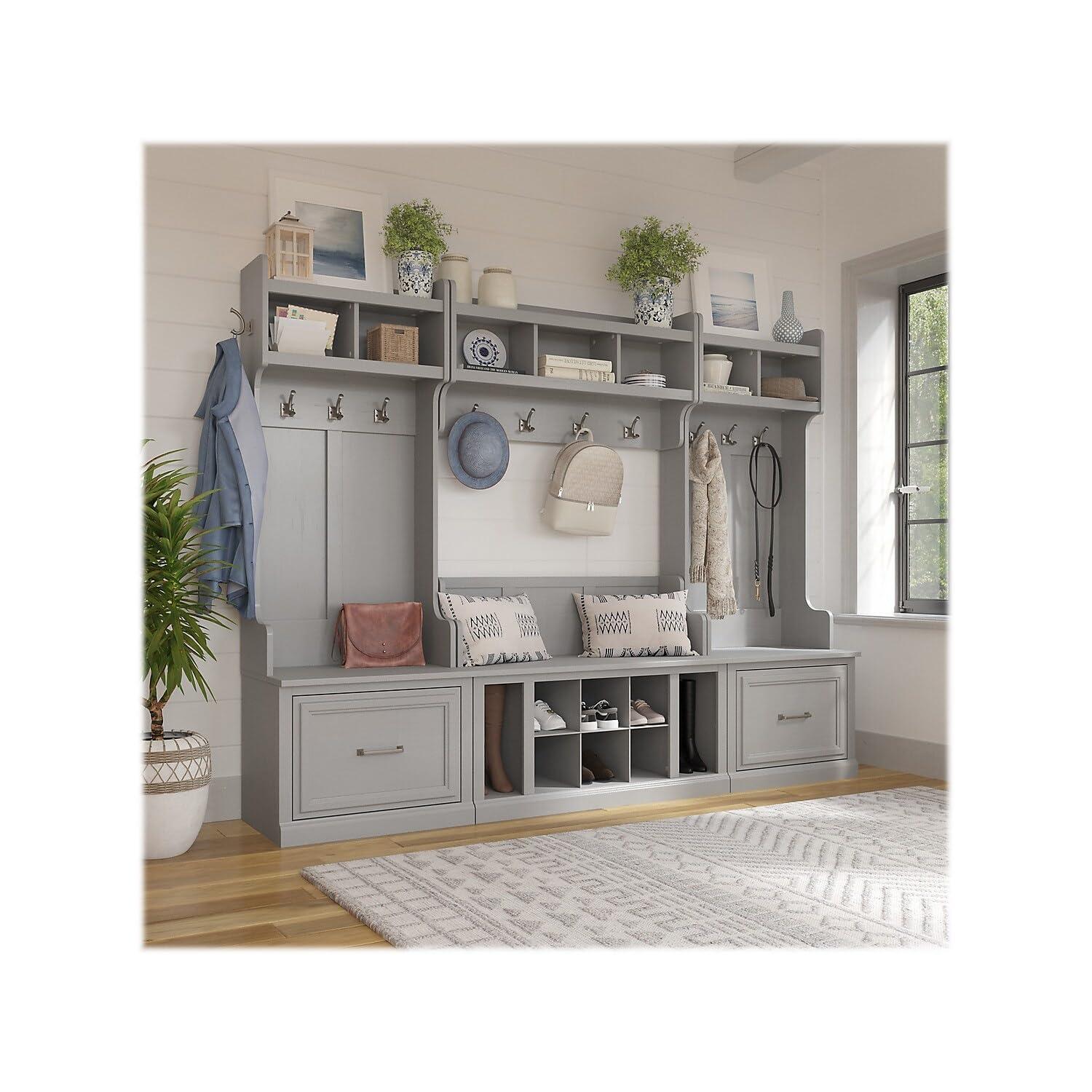 Woodland 40W Shoe Storage Bench with Shelves in Cape Cod Gray - Engineered Wood