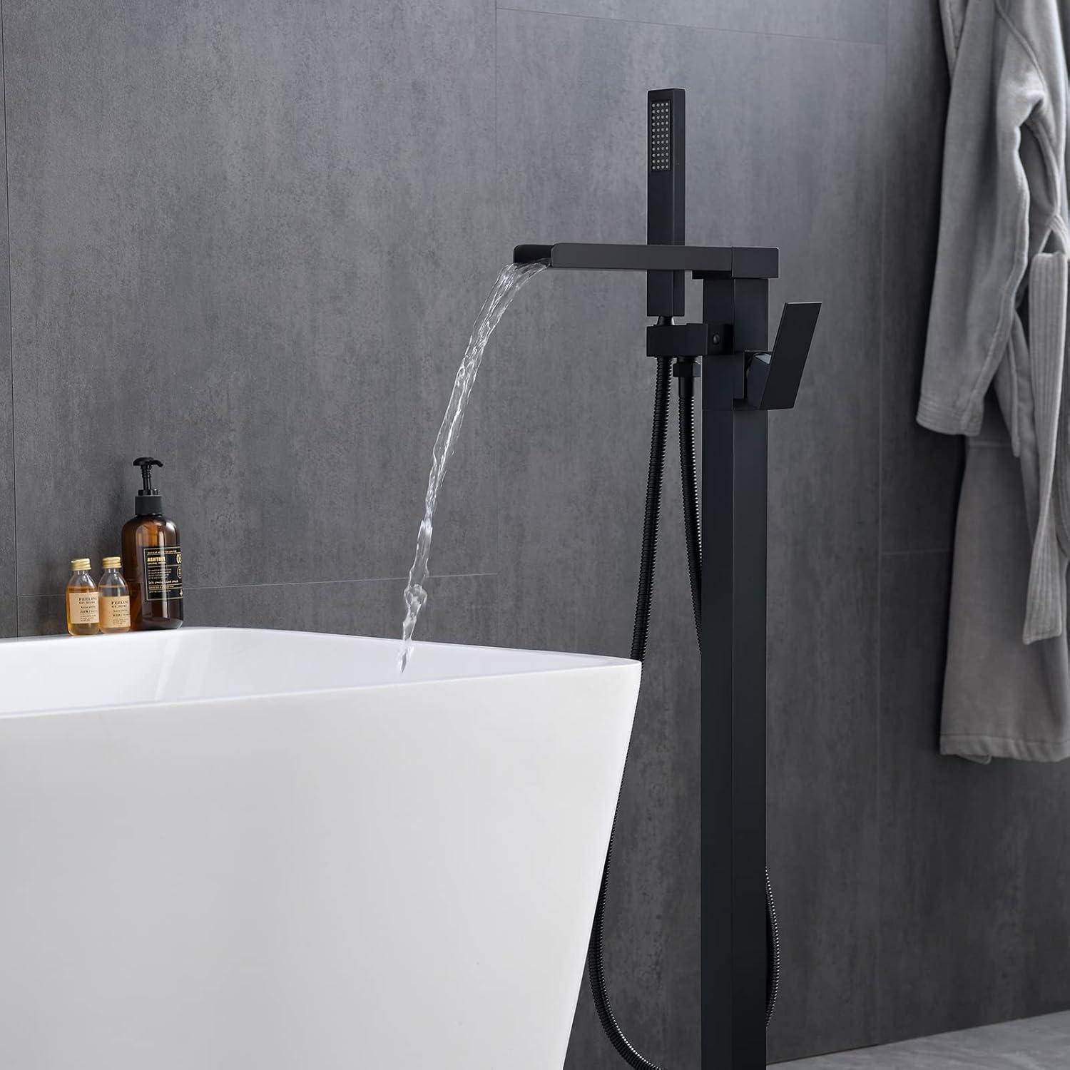 Freestanding Bathtub Faucet Matte Black Waterfall Bathtub Faucet Floor Mount Tub Filler Single Handle Bathtub Shower Faucets with Hand Shower Swivel Spout Brass Mixer Tap by BWE