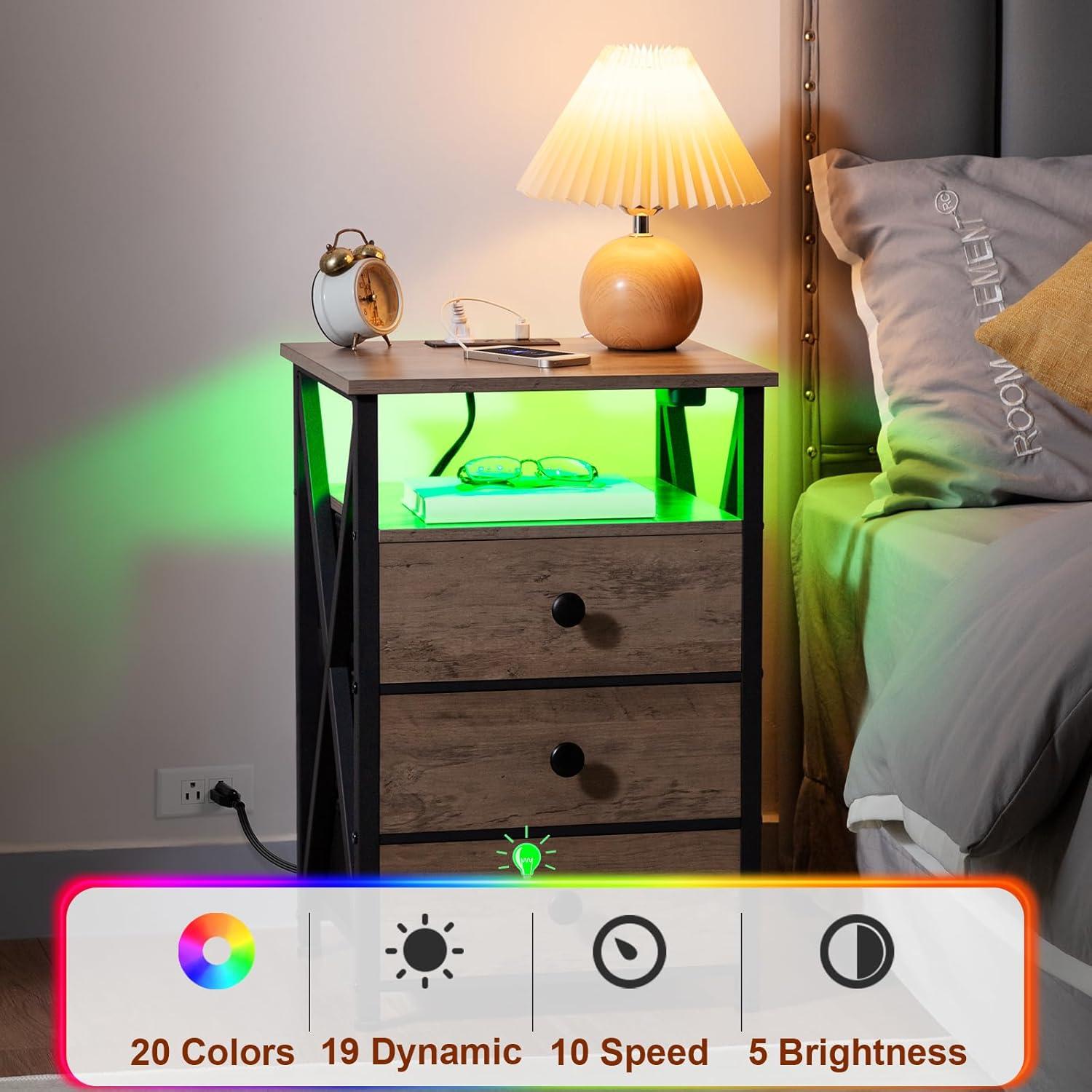 Greige Industrial Nightstand Set with LED and Charging Station