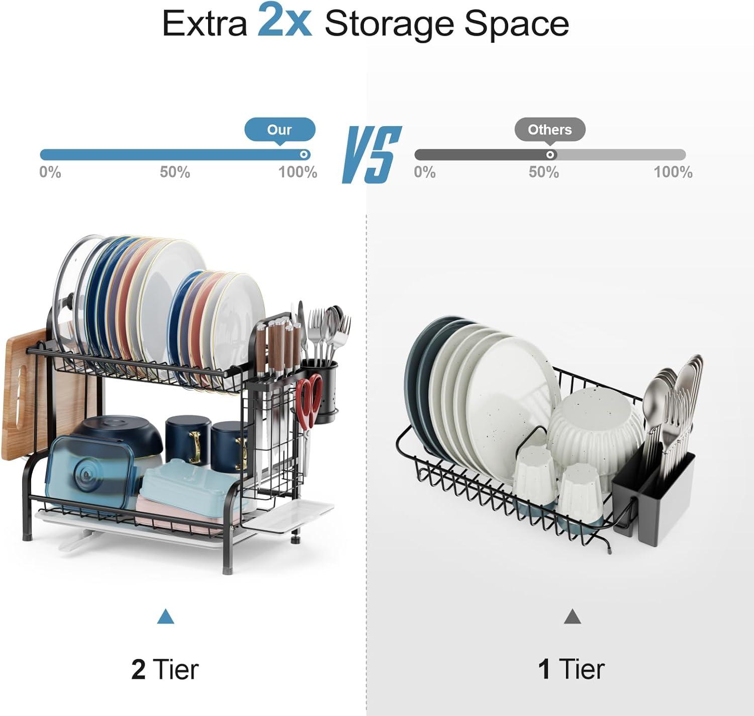 2 Tier Dish Drying Rack for Kitchen Counter，Stainless Steel Large Capacity Dish Rack with Detachable Dish Drainer Organizer，Utensil Holder and Drain Board