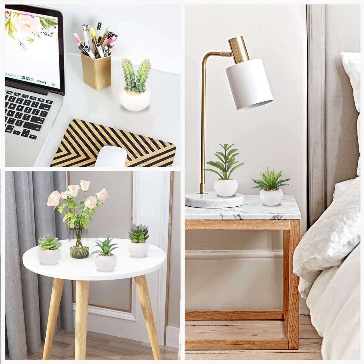 GREENTIME Set of 6 Succulents Plants Artificial in Mini White Ceramic Pots Small Fake Succulents Plant Faux Indoor Decor Windowsills Bedroom Desk Bathroom Office Home Decoration