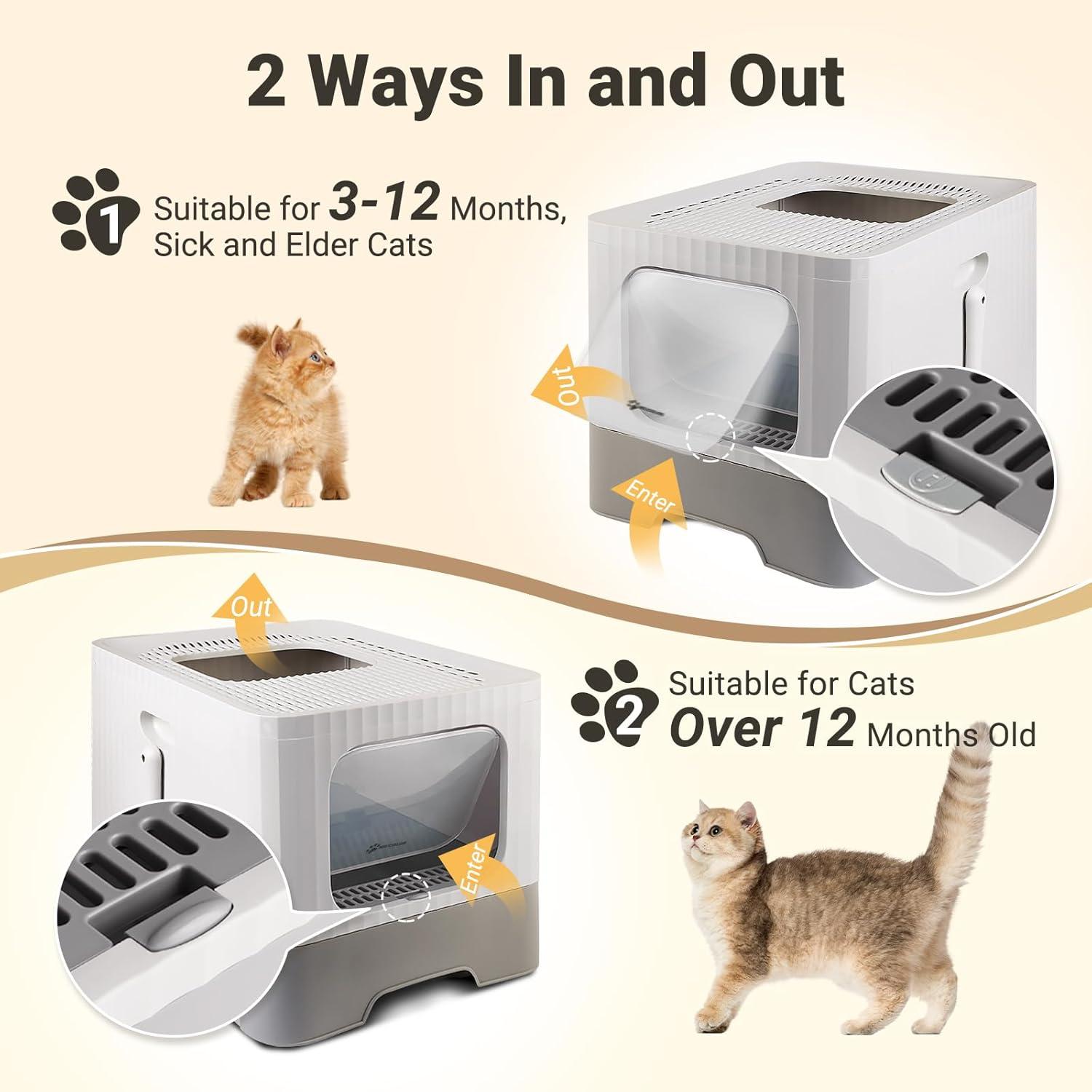 Dextrus Large Enclosed Cat Litter Box with Lid Drawer Type Easy to Clean,with Cushion&Litter Scoop,Gray