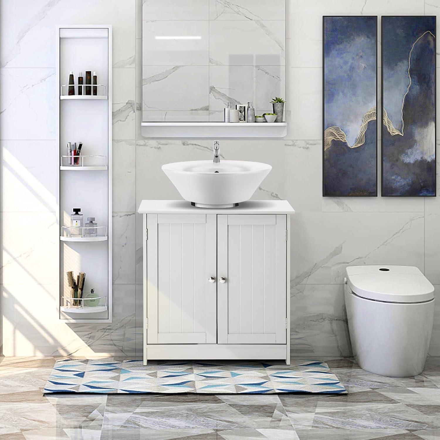 White Engineered Wood Pedestal Bathroom Sink Cabinet with Slatted Doors