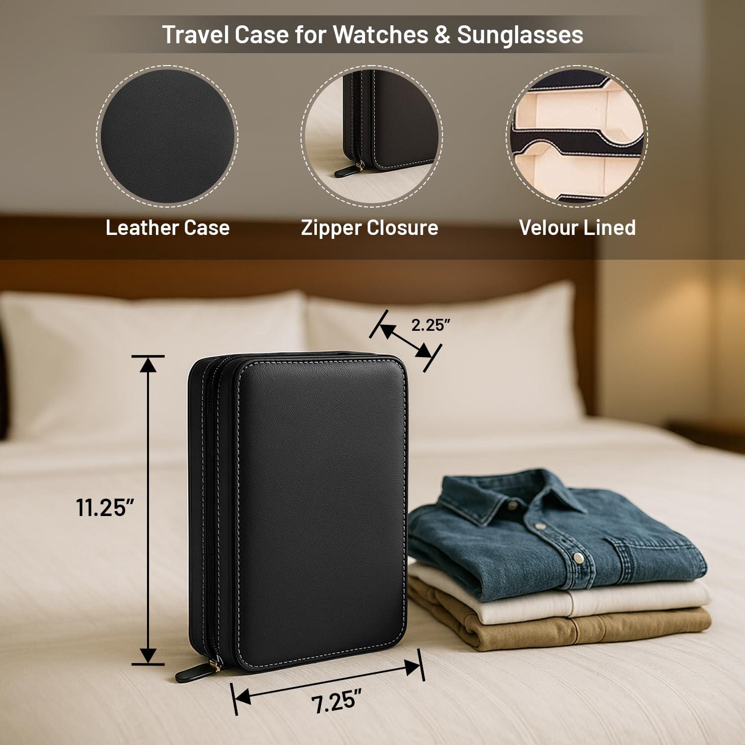 Black Leather Two Watch and Two Sunglass Travel Case with Form Fit Compartments with Zipper Closure.