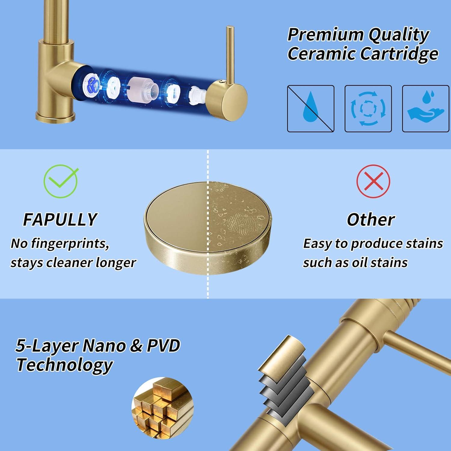 Fapully Single Handle High Arc Brushed Gold Pull Down Kitchen Faucet LED,Single Level Kitchen Sink Faucets with Pull Down Sprayer