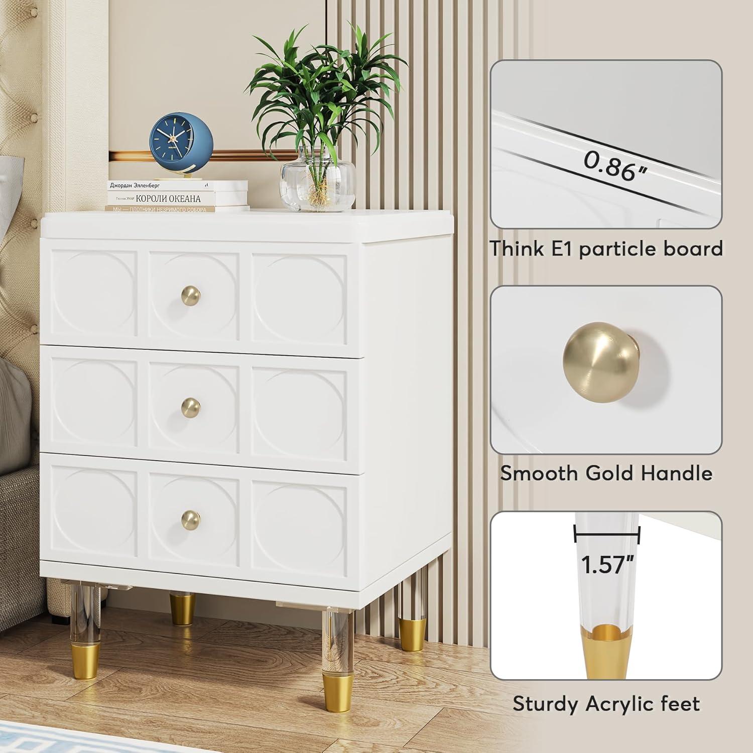White Gold Nightstand Bedside Table with 3 Drawers White+Gold