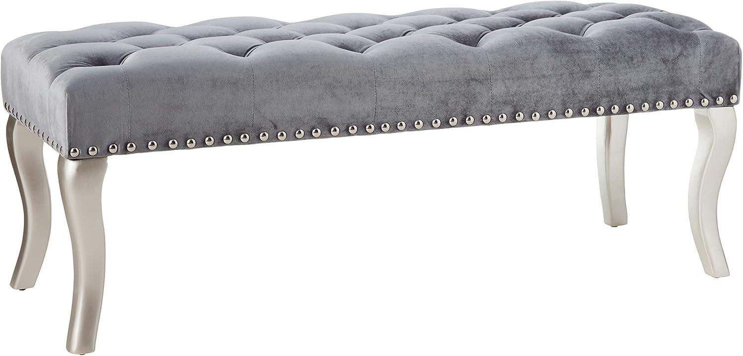 Roundhill Furniture Decor Maxem Fabric Upholstered Bench with Nailhead Gray