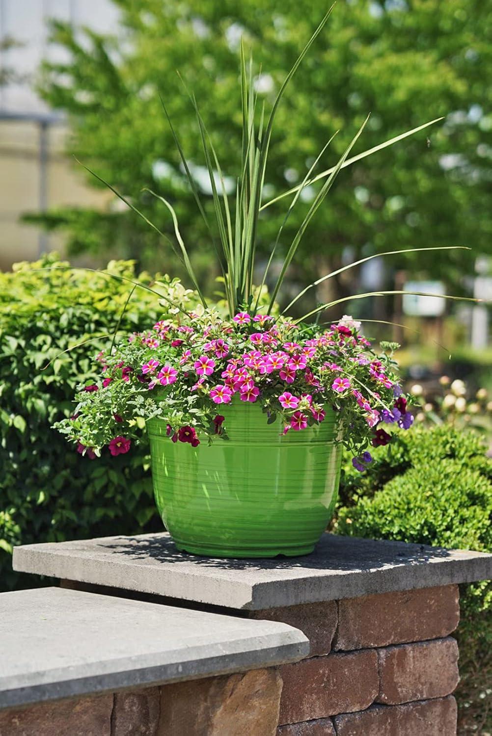 Garden Elements Indoor/Outdoor Glazed Brushed Happy Plastic Planter, Large, Bright Green, 15"