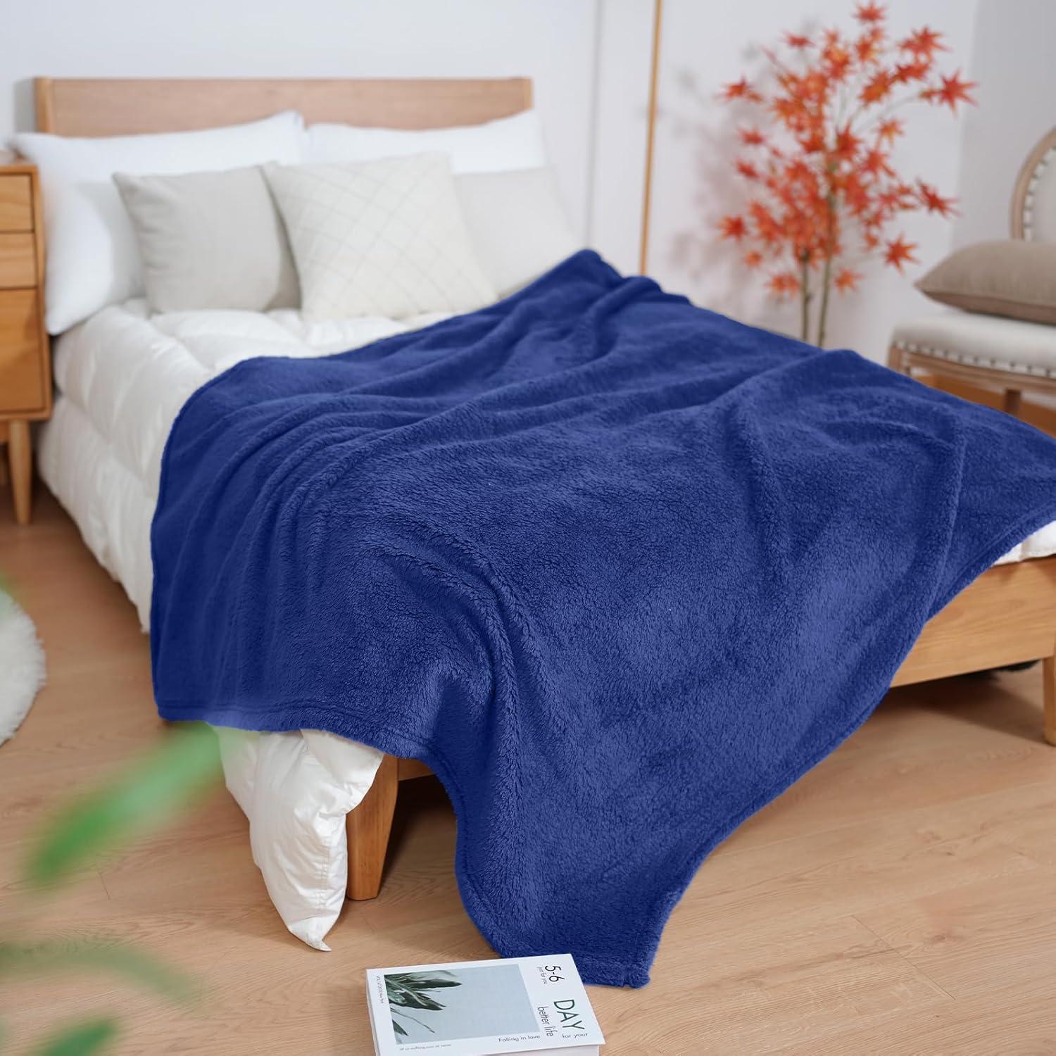 My World Cloud Faux Shearling Throw Blanket Navy: Sensory Friendly, Knitted Polyester, Machine Washable