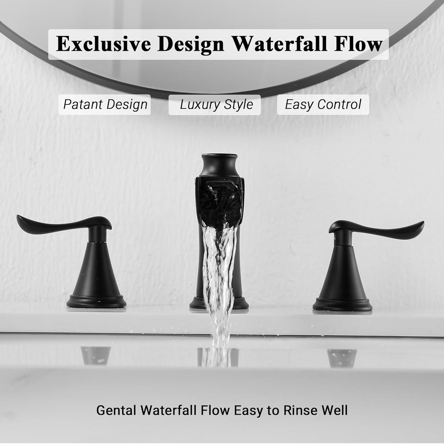 Bathroom Faucet 3 Hole Black, 8 inch Widespread Bathroom Faucet Waterfall Face Basin Faucet for Bathroom Sink, Matte Black (A.Matte Black)