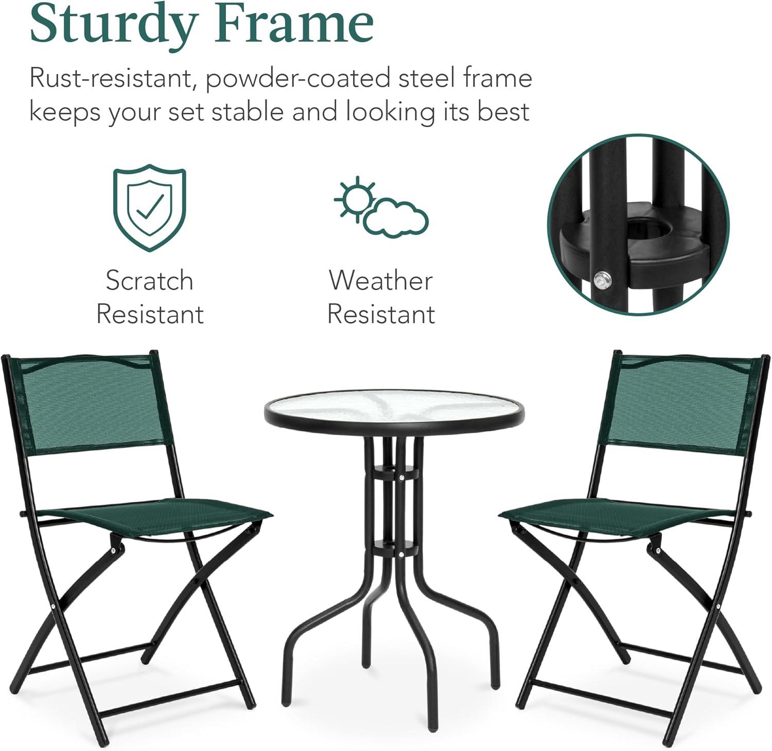 Best Choice Products 3-Piece Patio Bistro Dining Furniture Set w/ Glass Tabletop, Folding Chairs - Dark Green