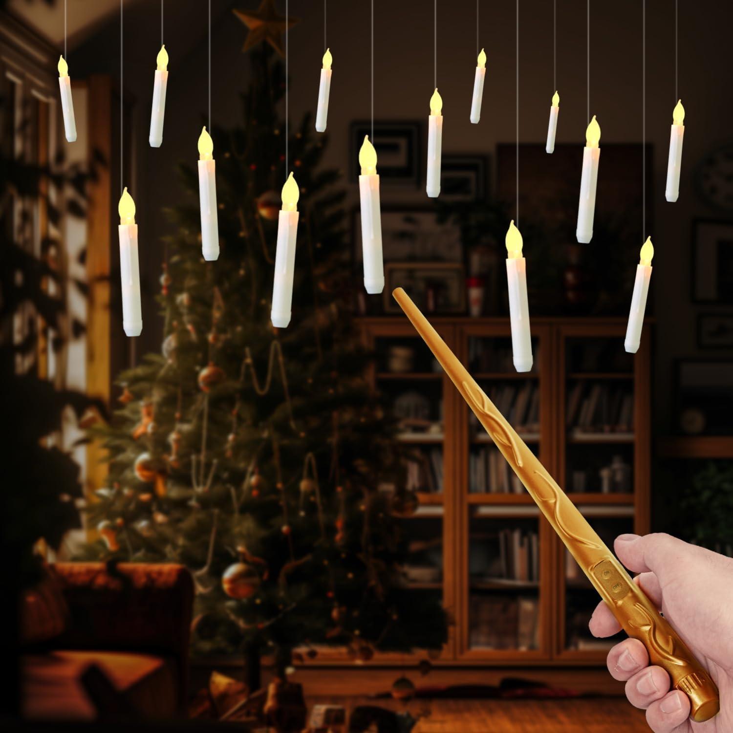 NEWEEN Set of 24 Flamelesss LED Taper Candles with Warm White Flickering Flame Light, Battery Operated Floating Candles, LED Taper Handheld Candlesticks for Church Party Halloween Decorations