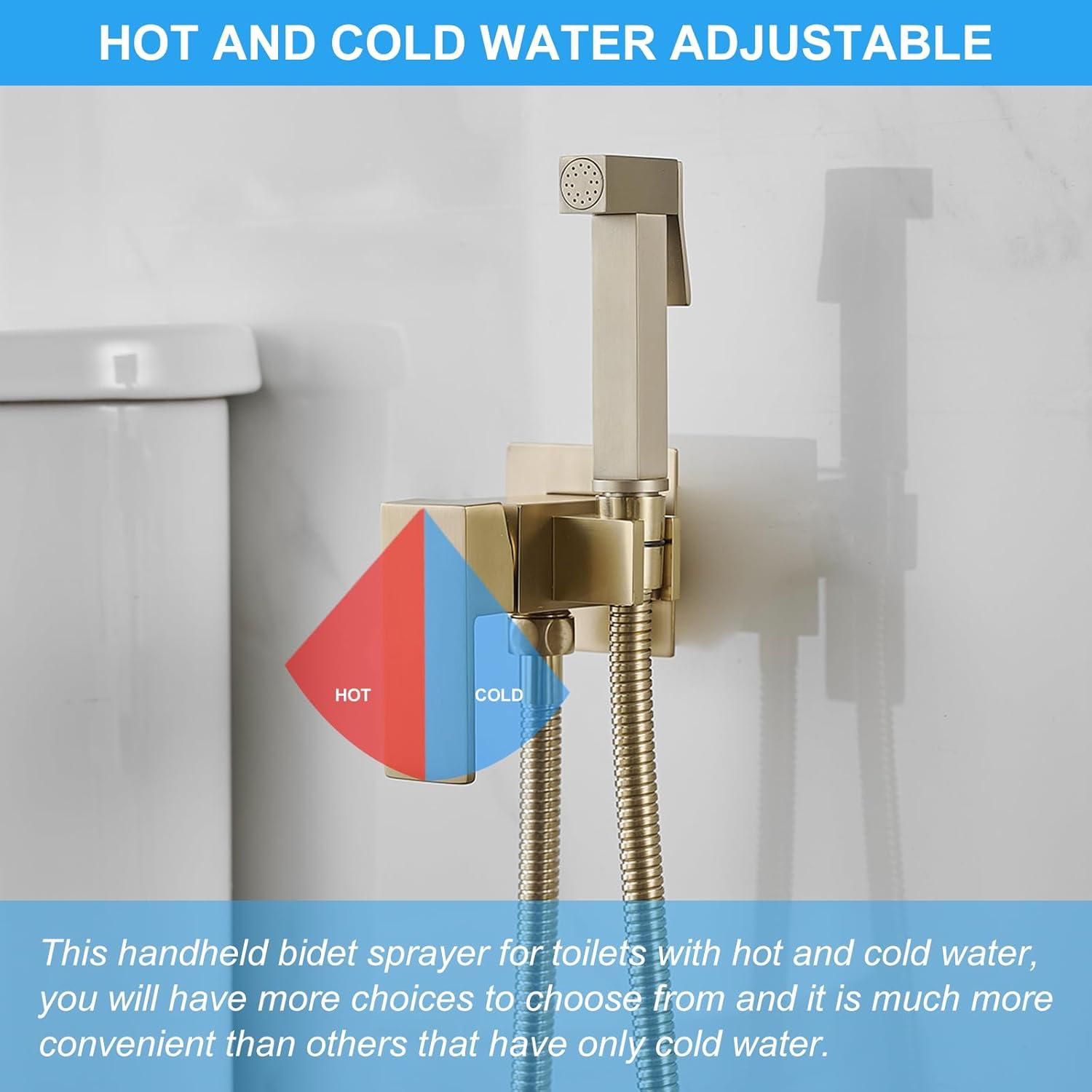 BWE Handheld Toilet Bidet Sprayer for Toilet with Adjustable Water Pressure Hot and Cold Bidet Spray Set Toilets Bidets Wall Mount Cleaning Faucet Jet for Feminine Wash, Brushed Gold