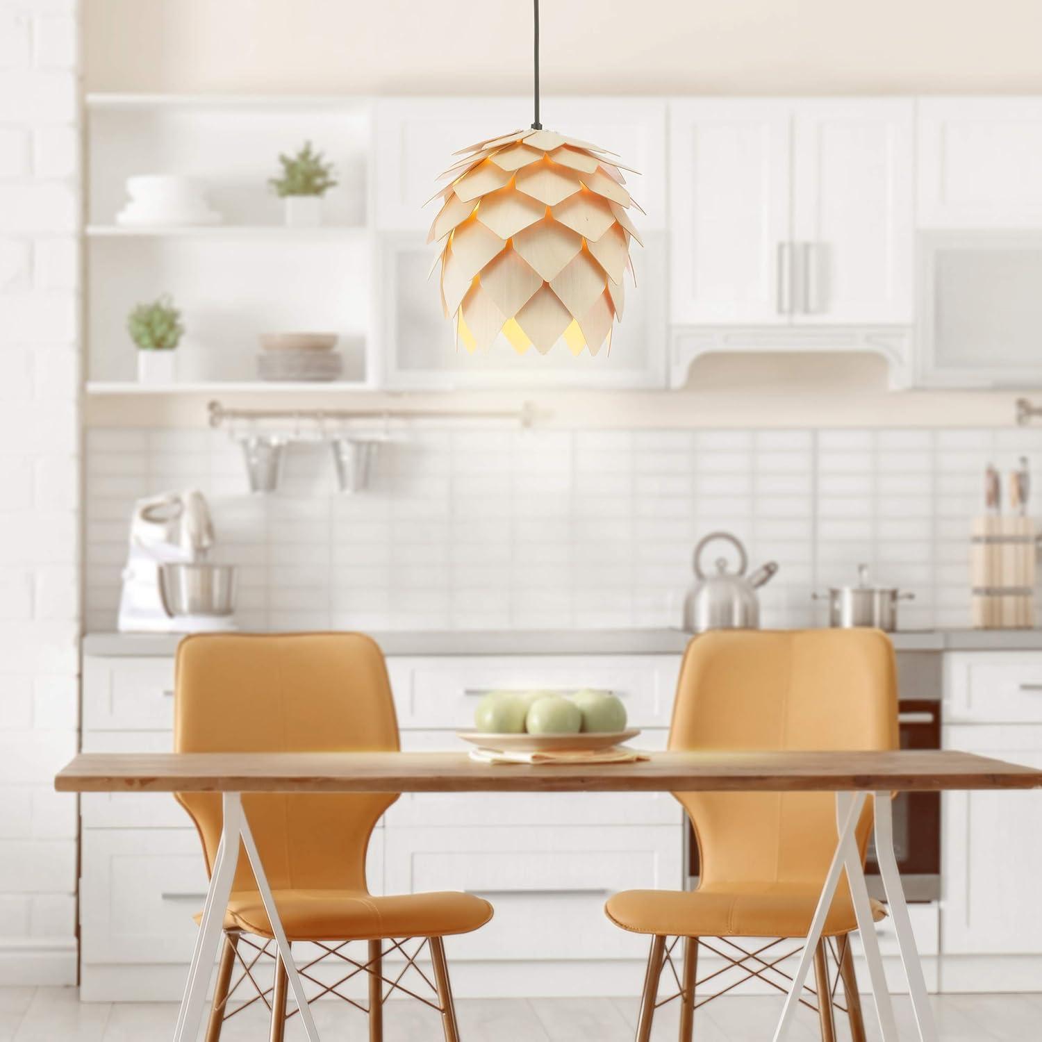HOZO JYL6125A Simon 11.75" Pinecone Wood LED Pendant Contemporary Dimmable Adjustable Dining Room Living Room Kitchen Foyer Bedroom Hallway, Natural
