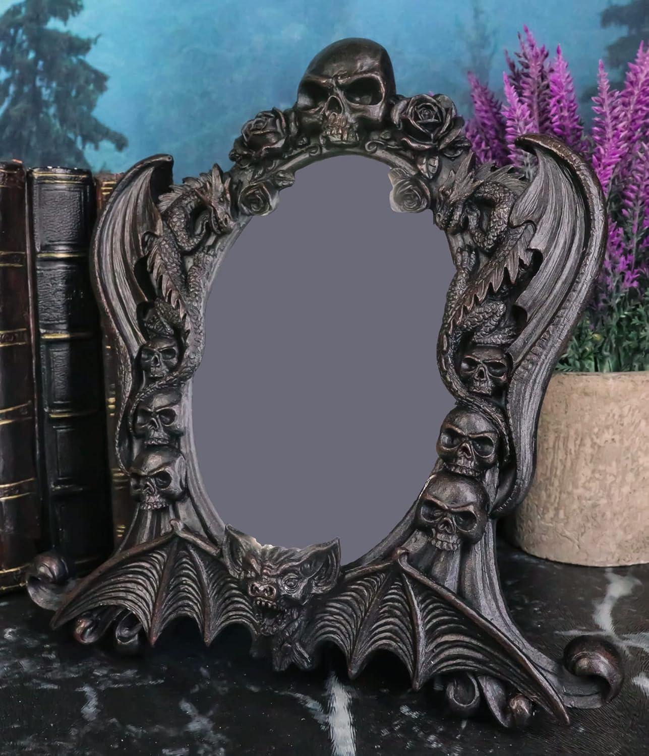 Gothic Black Resin Mirror with Skulls, Roses, and Bats