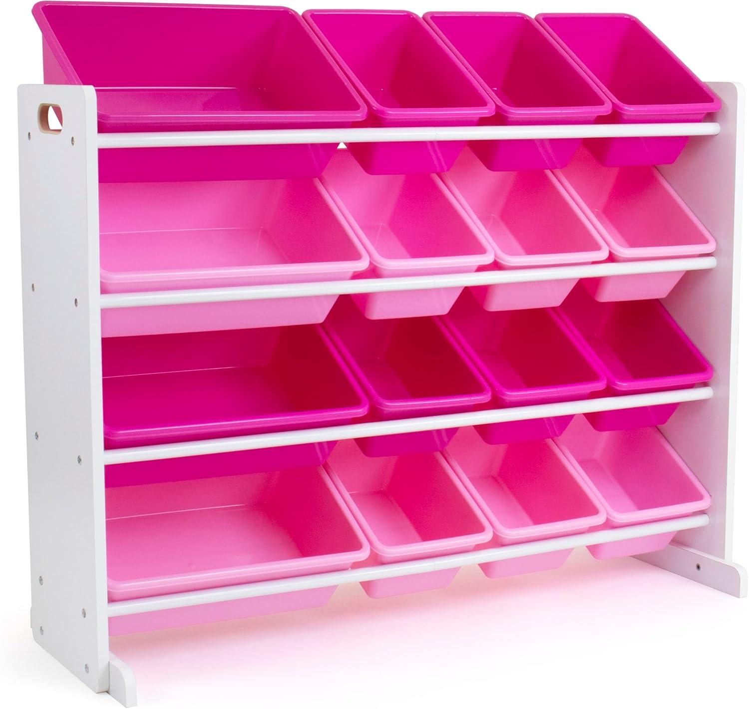 Humble Crew Molly Supersized Toy Storage Organizer with 16 Plastic Storage Bins, White/Pink
