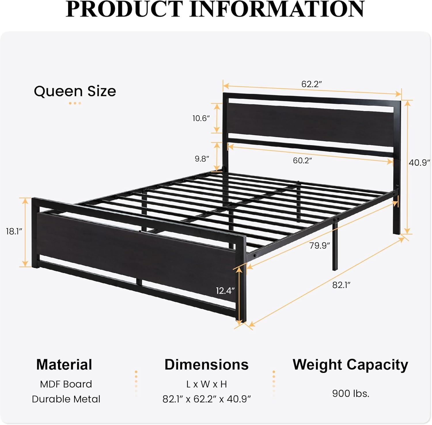 Queen Size Bed Frame with Modern Wooden Headboard/Heavy Duty Platform Metal Bed