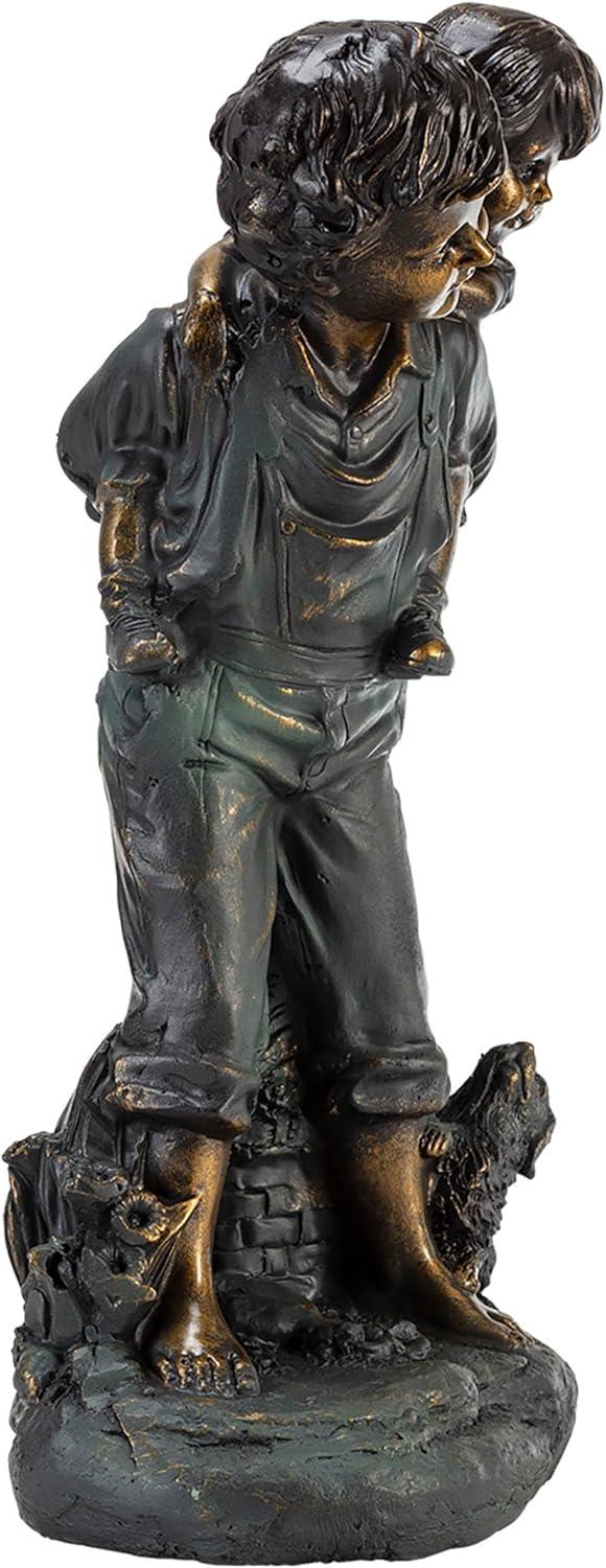 Alpine Corporation 16" Polyresin Girl and Boy with Dog Sitting on Bench Sculpture Bronze: Durable Outdoor Decor, Magnesium Oxide, Rust-Resistant