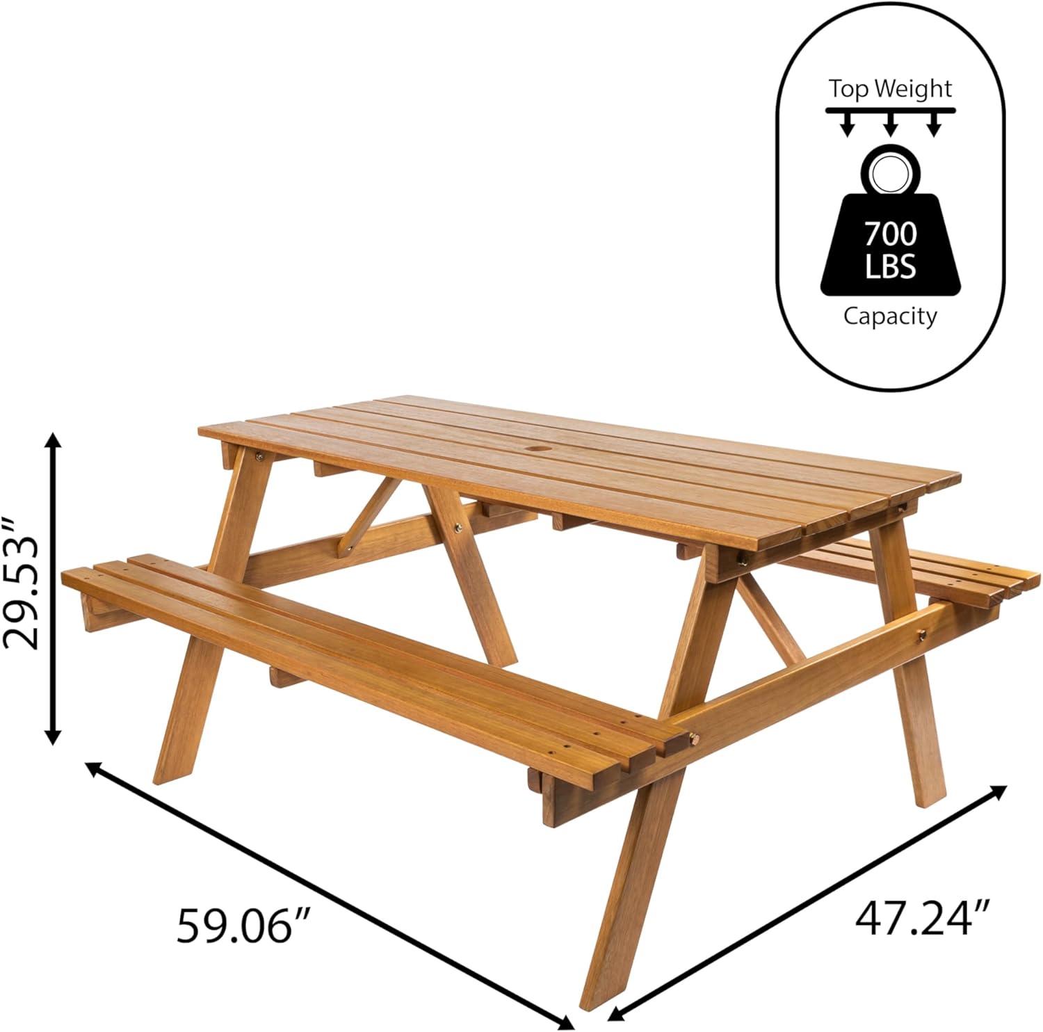 Shoreham 59" Modern Classic Outdoor Wood Picnic Table Benches with Umbrella Hole