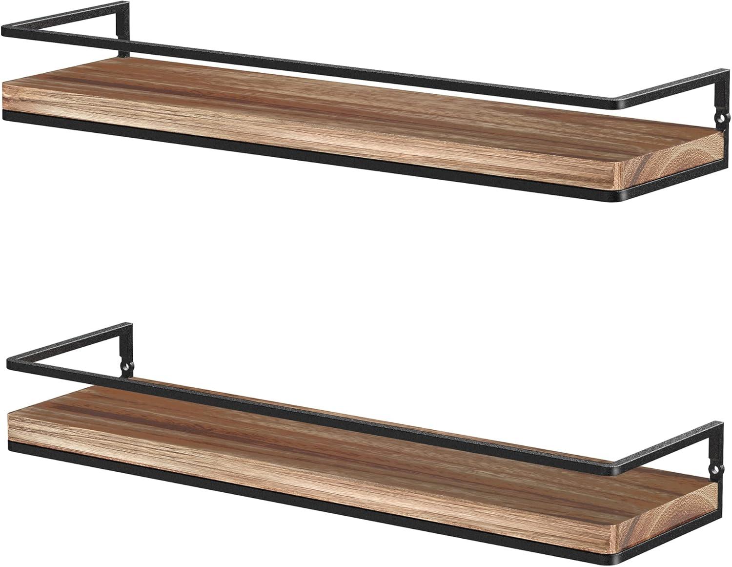 Carbonized Black Rustic Wood Floating Wall Shelves with Metal Frame, Set of 2