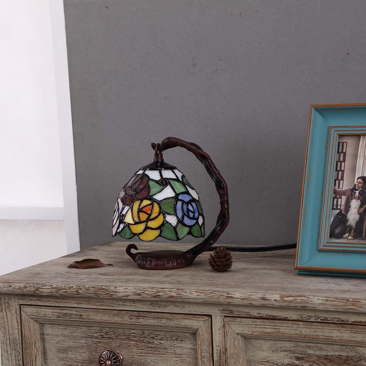 World Menagerie Rose Tiffany Style Stained Glass Table Lamp With 6-Inch Wide Lampshade Hanging On The Cast Iron Base (Pink)