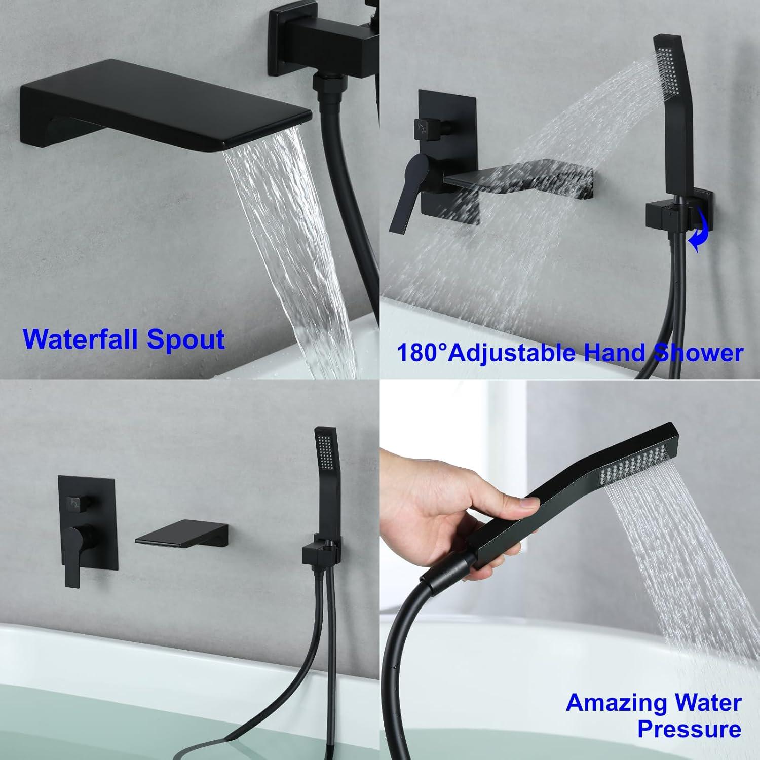 CoSoTower Bathtub Faucet Matte Black, Waterfall Wall Mount Tub Filler Faucet with Handheld Shower Brass, Waterfall Spout High Flow Wall Mount Tub Faucet