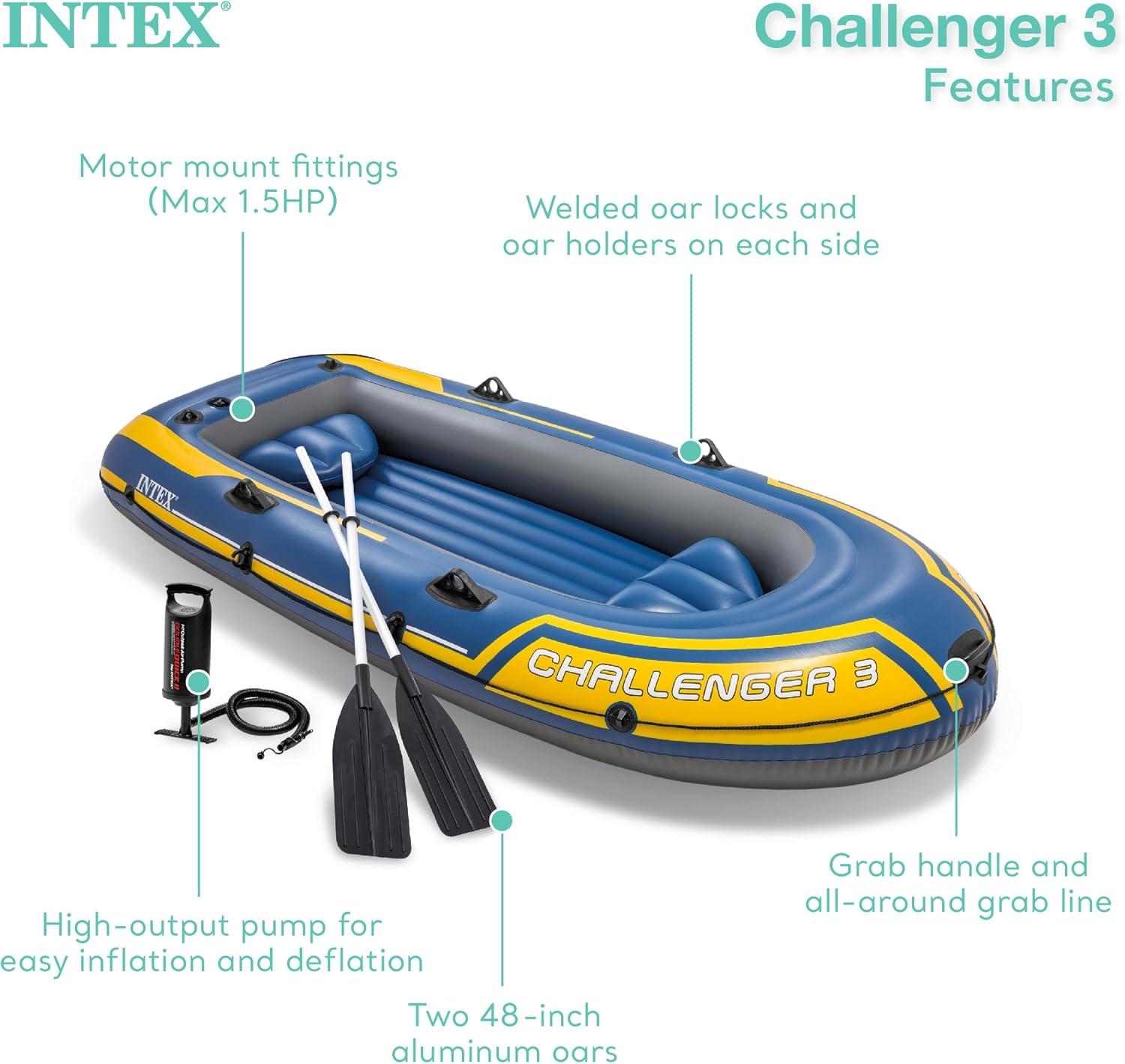 INTEX 68370EP Challenger 3 Inflatable Boat Set: Includes Deluxe 48in Boat Oars and Pump – Triple Air Chambers – 3-Person – 660lb Weight Capacity