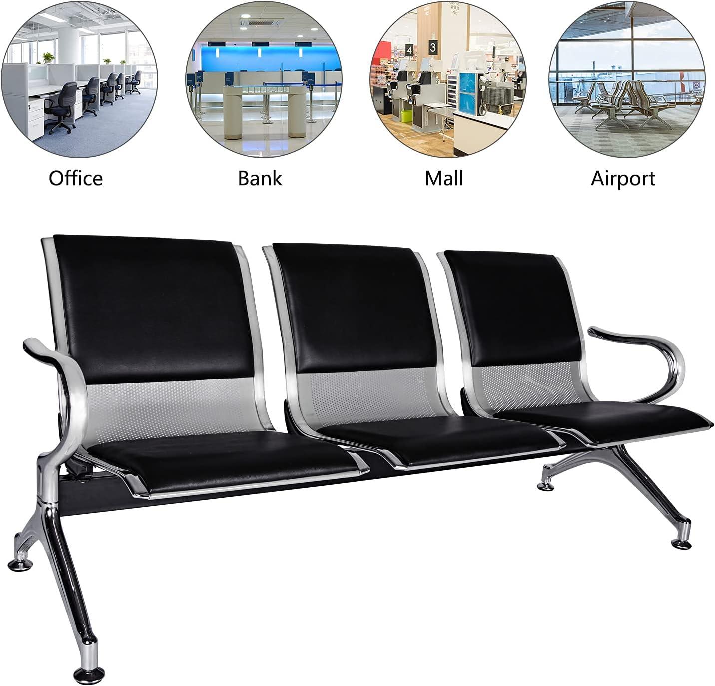Kinbor Waiting Room Chairs, 3-Seat Reception Chairs Office Guest Waiting Furniture Bench Seating for Airport Bank Hospital, Black