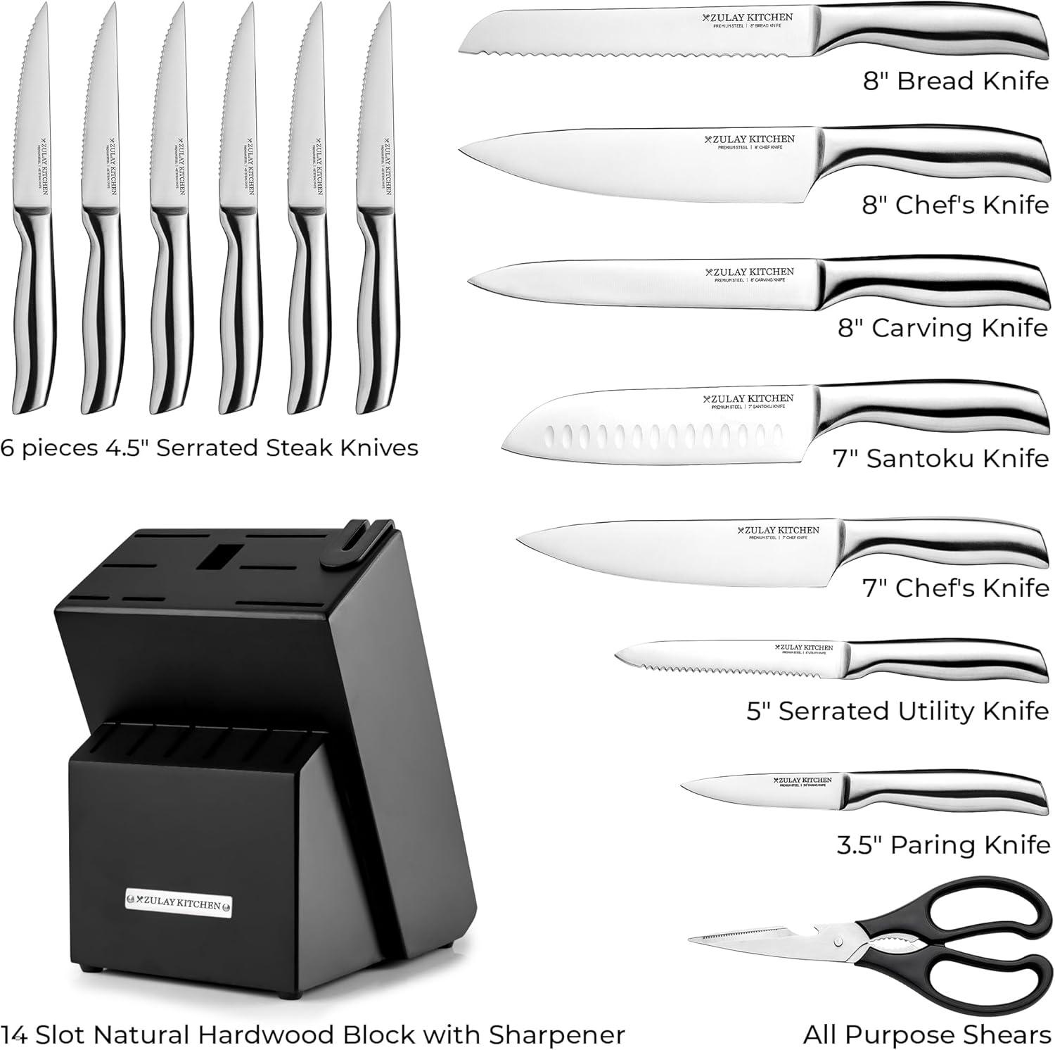 Zulay Kitchen Zulay Kitchen Premium 15-Piece Knife Set with Natural Wood Block and Built-in Sharpener