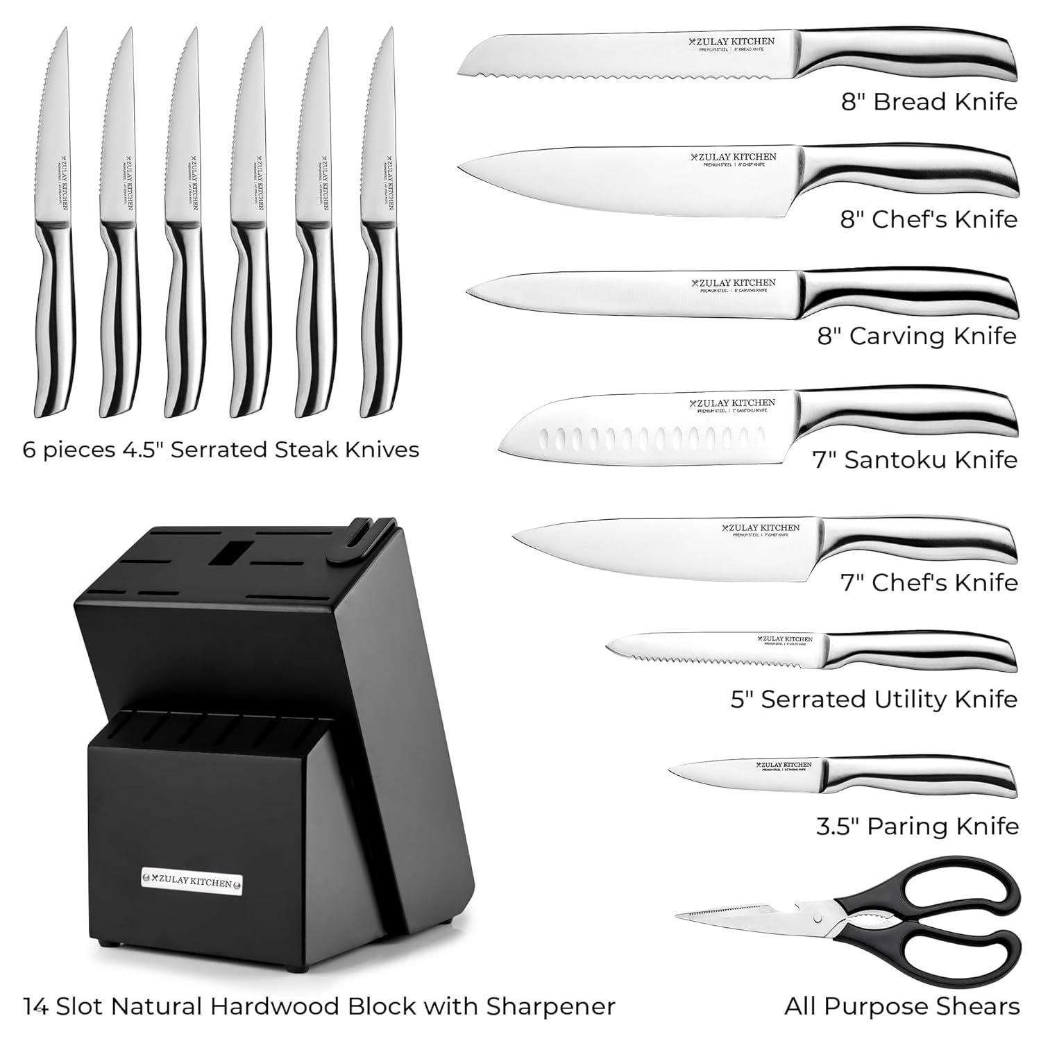 Zulay Kitchen Zulay Kitchen Premium 15-Piece Knife Set with Natural Wood Block and Built-in Sharpener