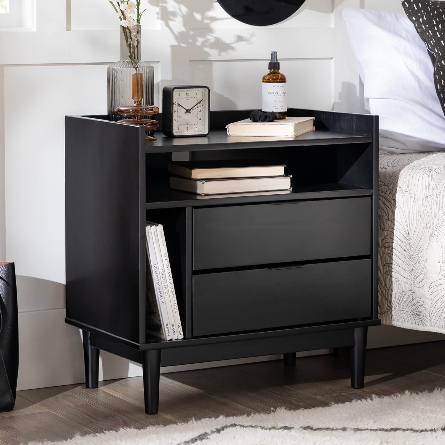 Black Mid-Century Modern 2-Drawer Pine Wood Nightstand