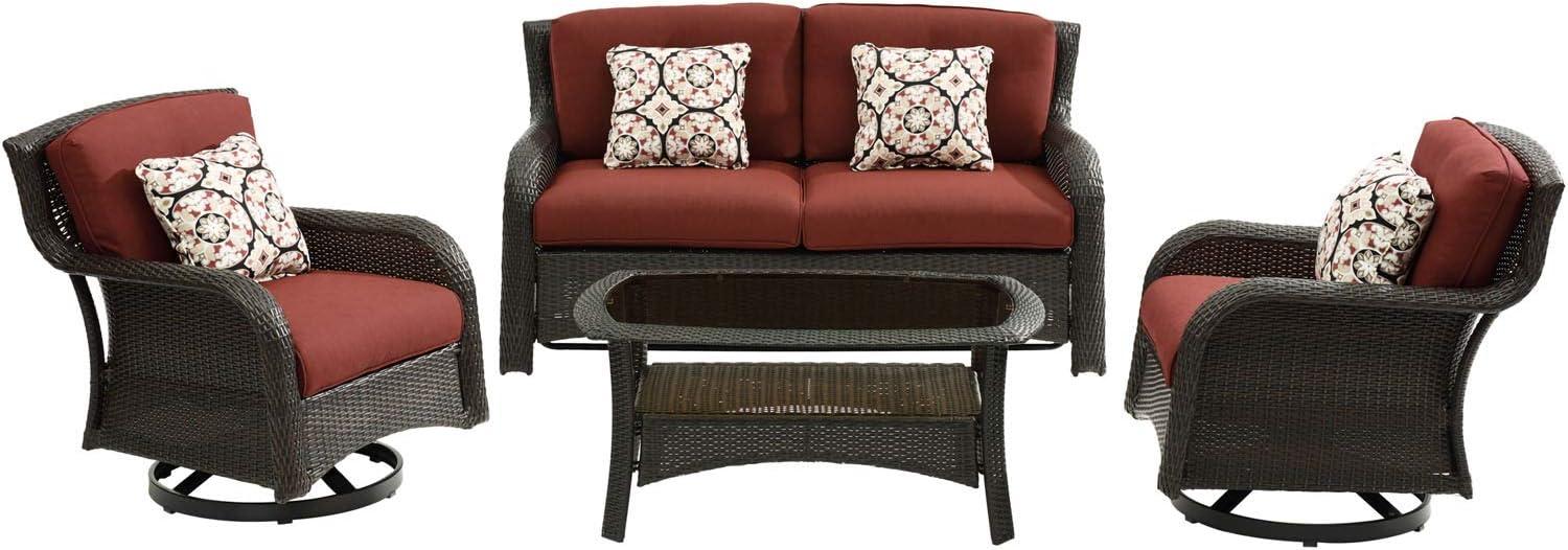 Hanover Strathmere 4-Piece Wicker and Steel Outdoor Conversation Set, Crimson Red