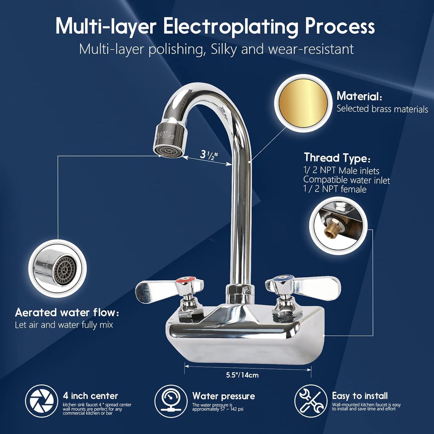 KWODE 4 Inch Center Commercial Hand Sink Faucet with 3-1/2”Gooseneck Spout, Dual Lever Handle Wall Mount Kitchen Sink Faucet, Brass Constructed, Chrome