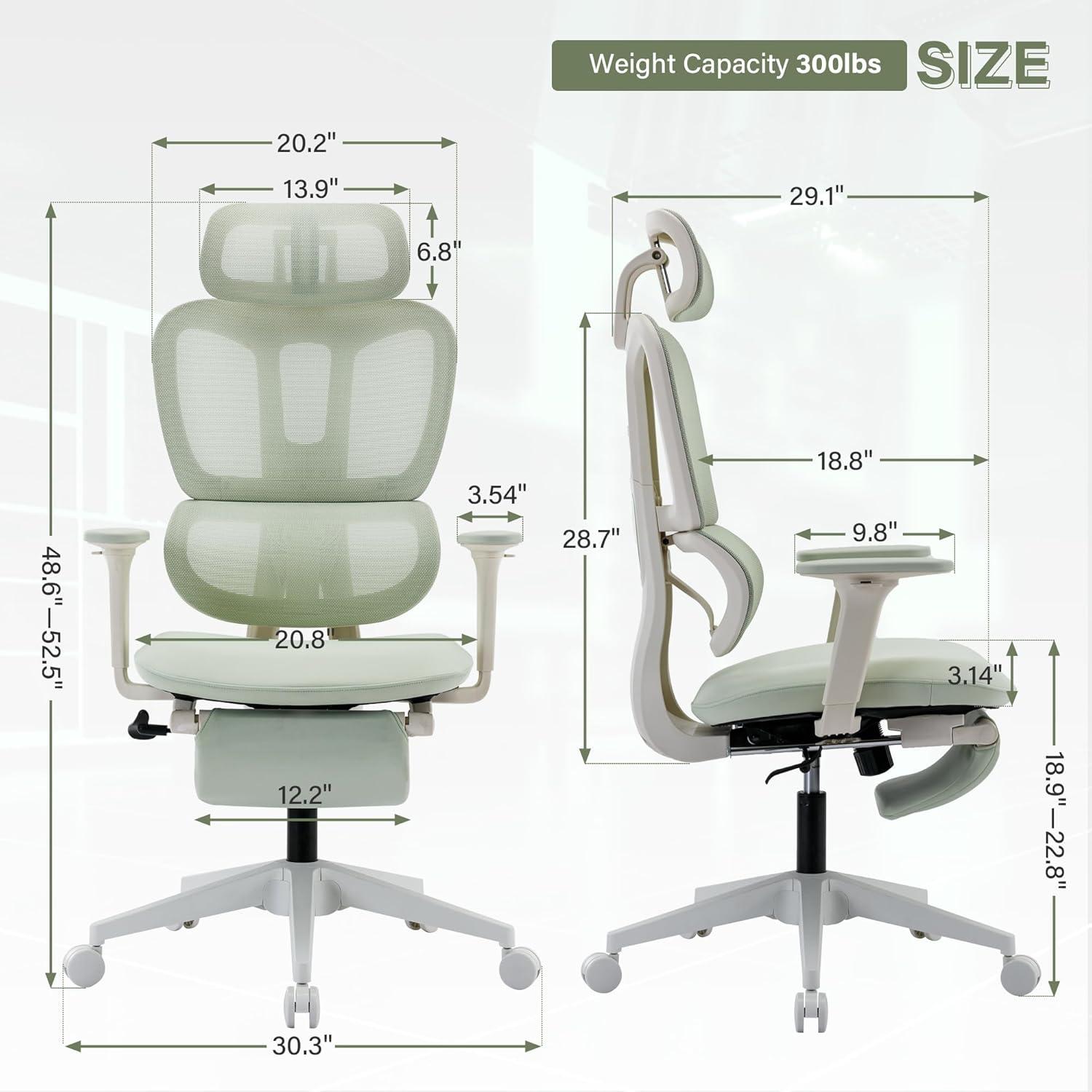 Hforesty Ergonomic Mesh Office Chair, Swivel Computer Chair with 3D Lumbar Support, High Back Desk Chair with Footrest, Headrest and 2D Armrests,300lbs, Green