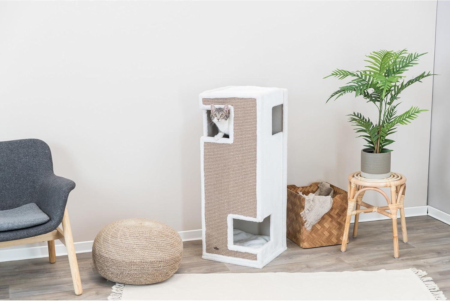 TRIXIE Gerardo Plush & Sisal 3-Story 39.4" Cat Condo Tower with Removable Cushions, Brown-White
