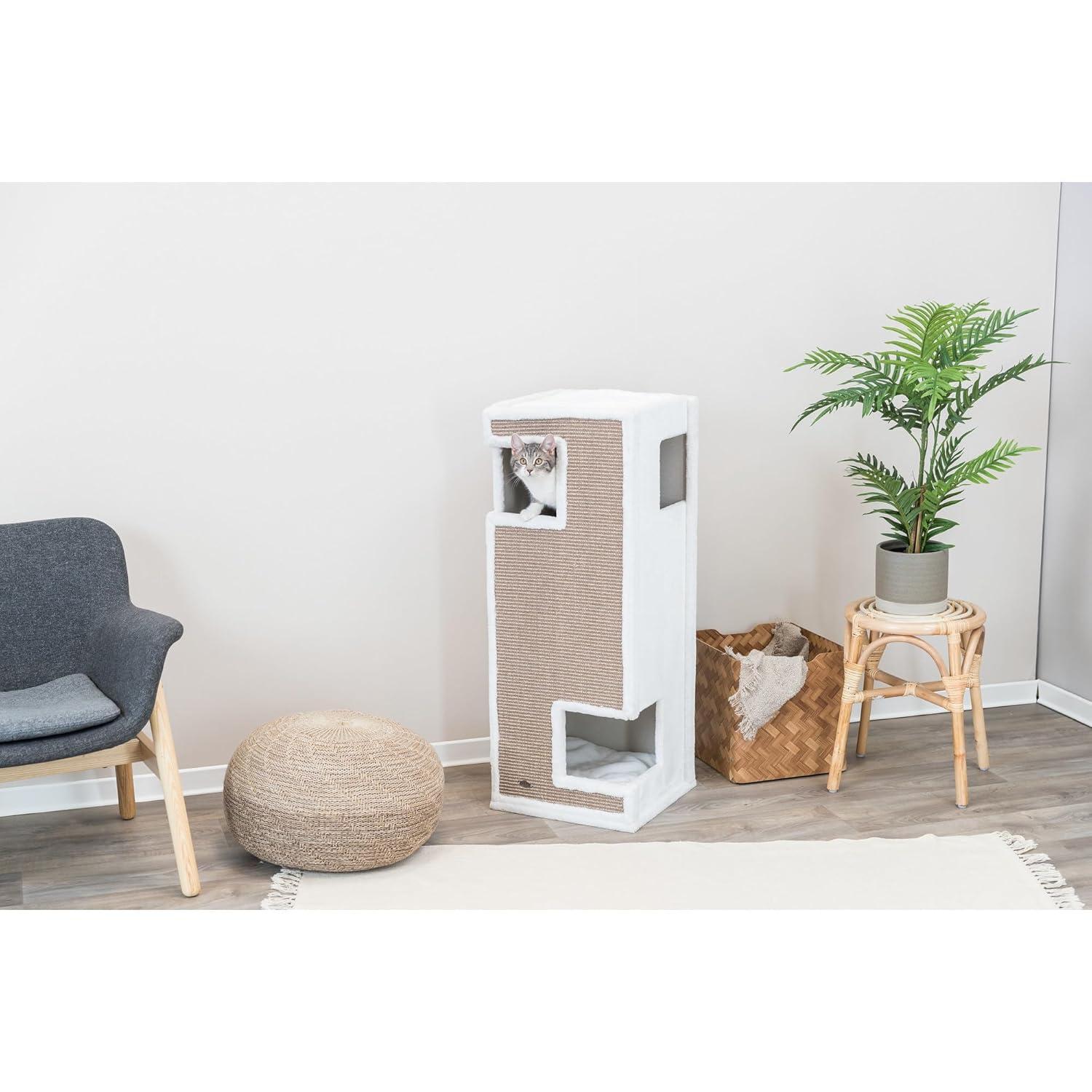 TRIXIE Gerardo Plush & Sisal 3-Story 39.4" Cat Condo Tower with Removable Cushions, Brown-White
