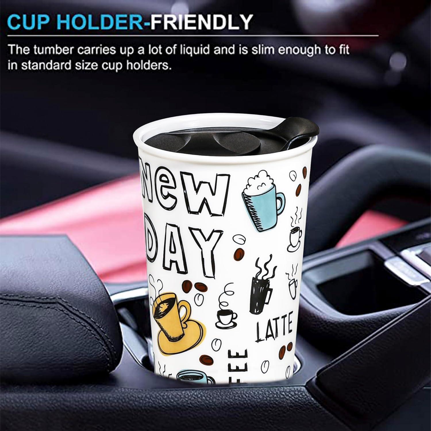 New Day Ceramic Travel Tumbler with Lid, 12 oz, White and Black