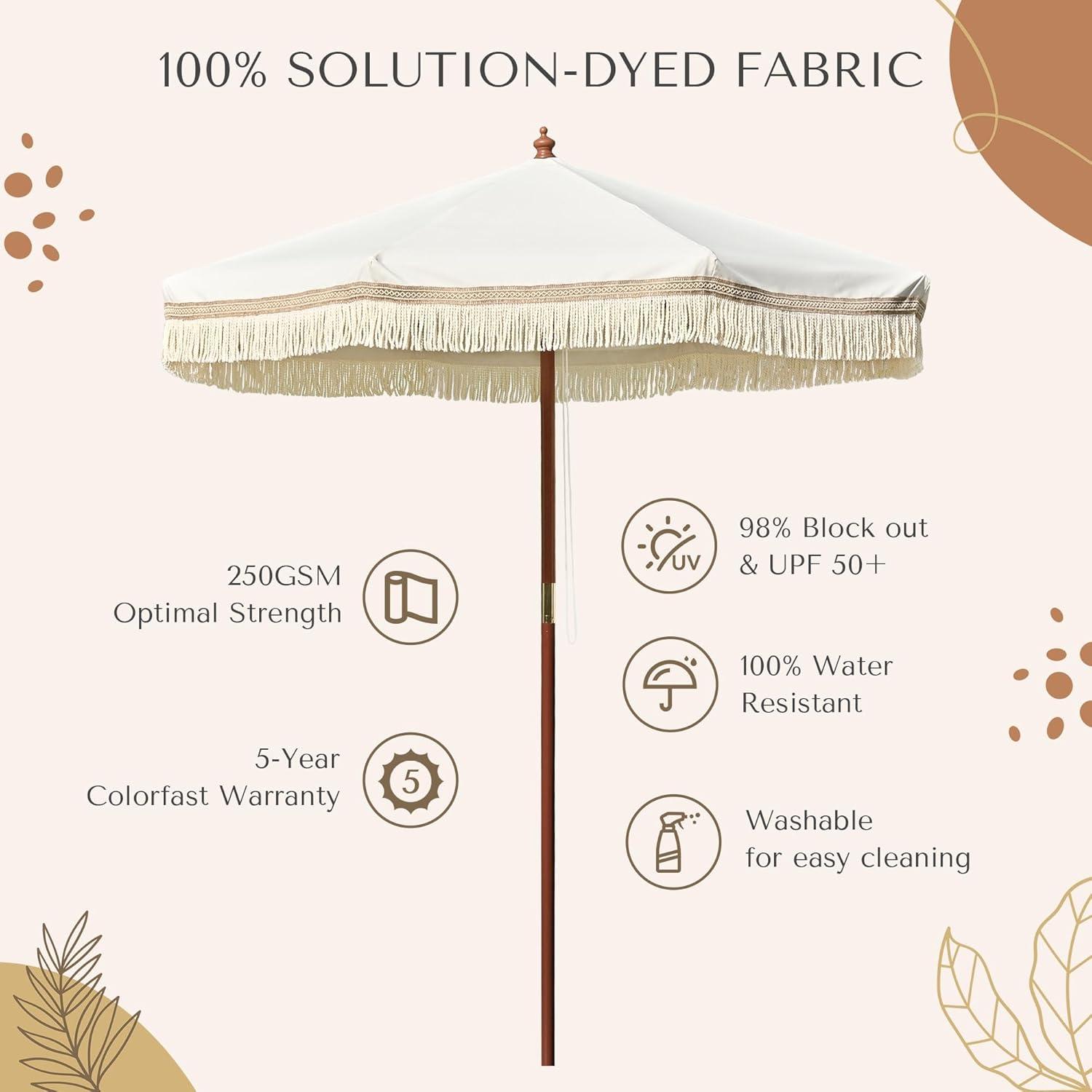 LAGarden 7' Patio Beige Umbrella with Tassels UPF50+ Boho Style 5-Year-Non-Fading for Outdoor,Model:BH7W-01P